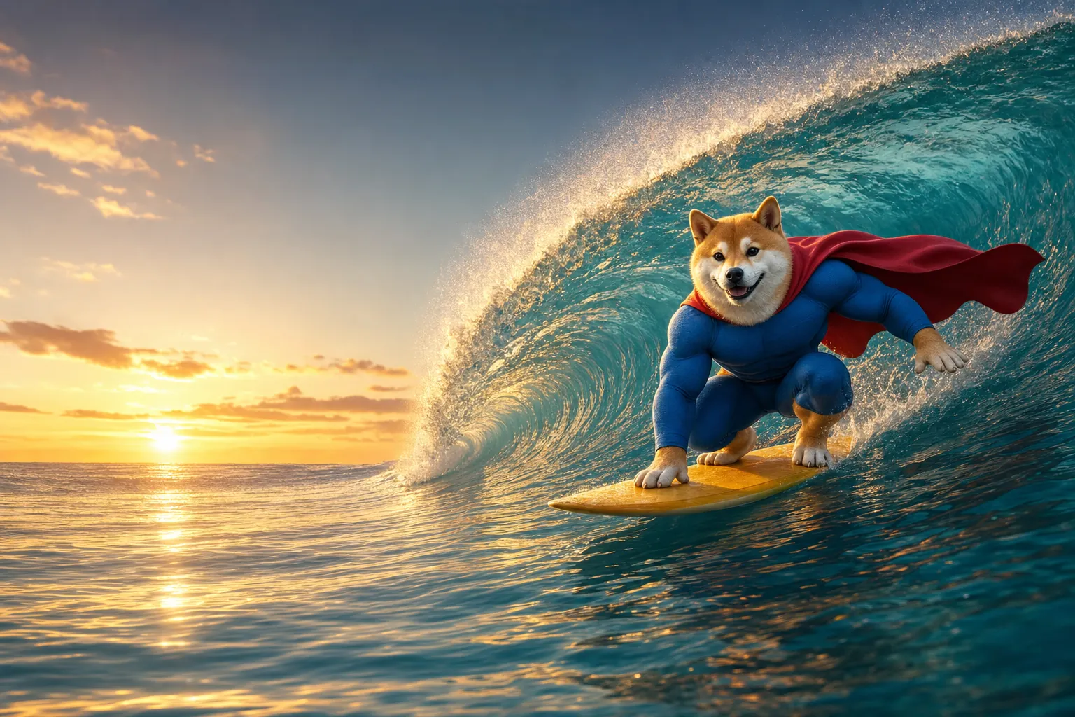 The superhero shiba in his blue suit and red cape, surfing a big golden-hour wave.