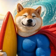 Surfer Inu logo: the superhero shiba holding his surfboard.